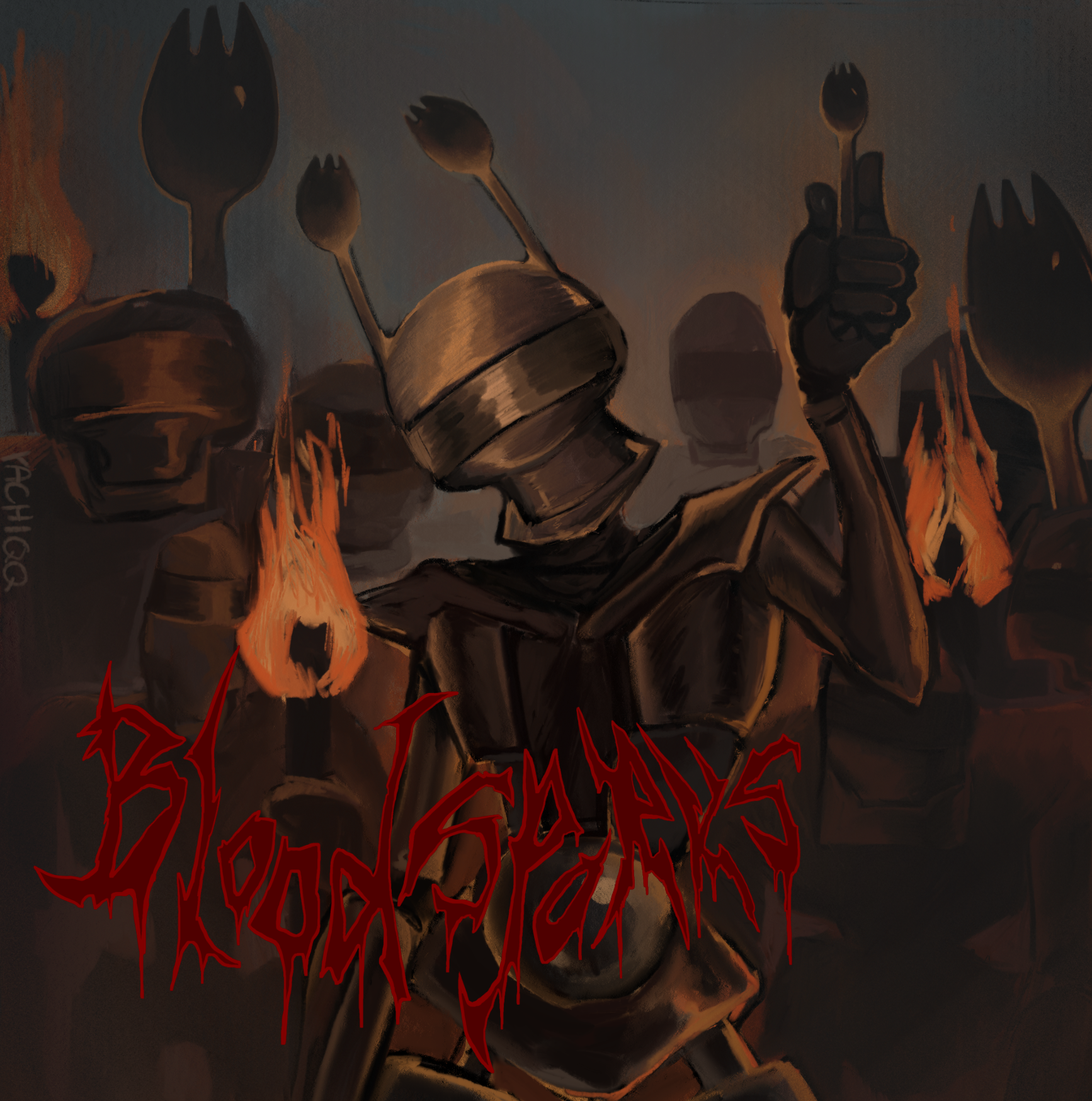 An album cover, depicting a metal-alien race consumed by their love of sporks.